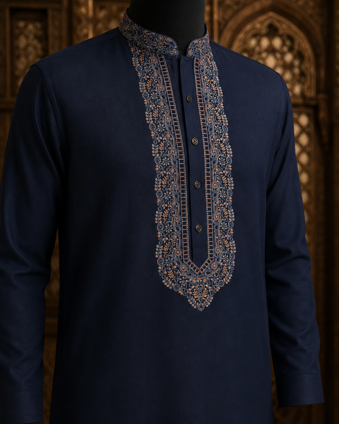 UNSTITCHED - Pure Cotton Navy Blue Kashmiri Embroidered Unstitched Kurta Pajama & Pathani Suit Fabric (FKH-CTKU13)