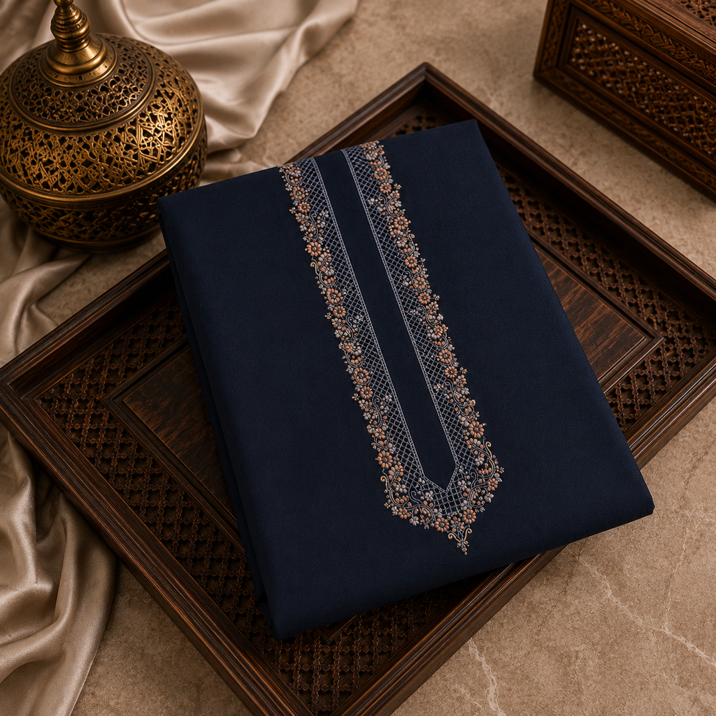 UNSTITCHED - Pure Cotton Midnight Navy Blue Kashmiri Embroidered Unstitched Kurta Pajama & Pathani Suit Fabric (FKH-CTKU07)