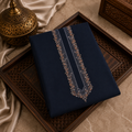 UNSTITCHED - Pure Cotton Midnight Navy Blue Kashmiri Embroidered Unstitched Kurta Pajama & Pathani Suit Fabric (FKH-CTKU07)