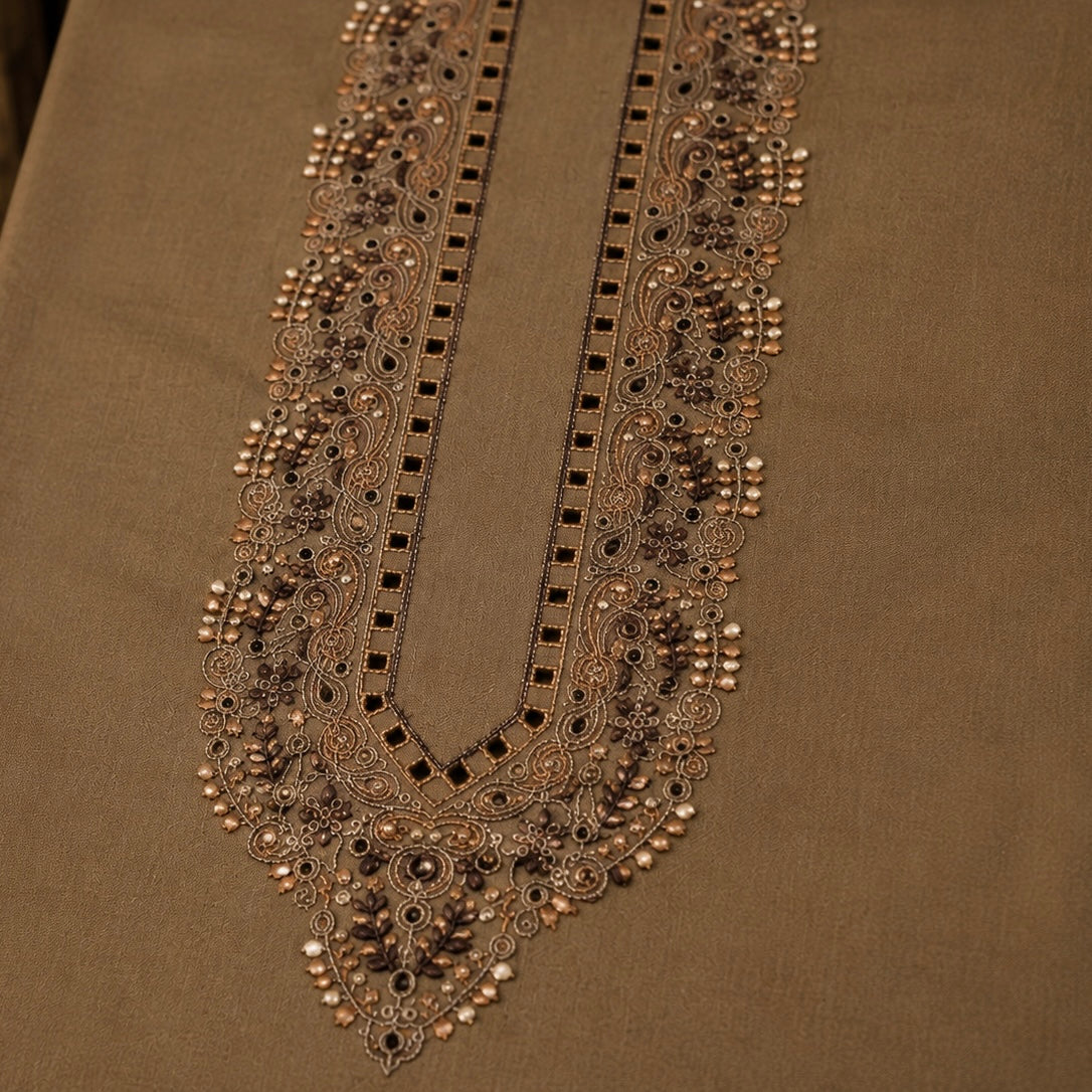 Pure Cotton Brown Kashmiri Embroidered Unstitched Kurta Pajama & Pathani Suit Fabric (FKH-CTKU15)