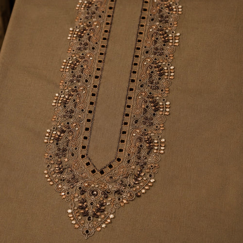 Pure Cotton Brown Kashmiri Embroidered Unstitched Kurta Pajama & Pathani Suit Fabric (FKH-CTKU15)
