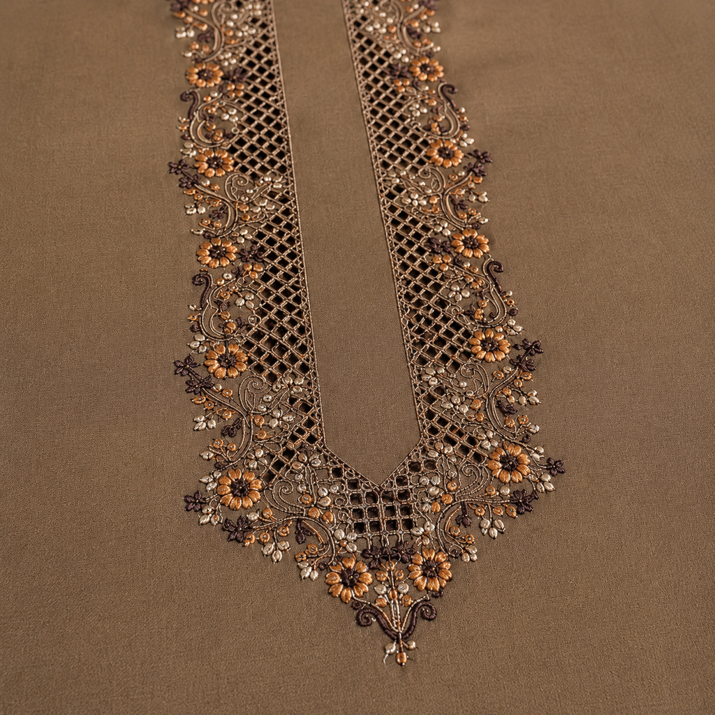 UNSTITCHED - Pure Cotton Coffee Brown Kashmiri Embroidered Unstitched Kurta Pajama & Pathani Suit Fabric (FKH-CTKU09)