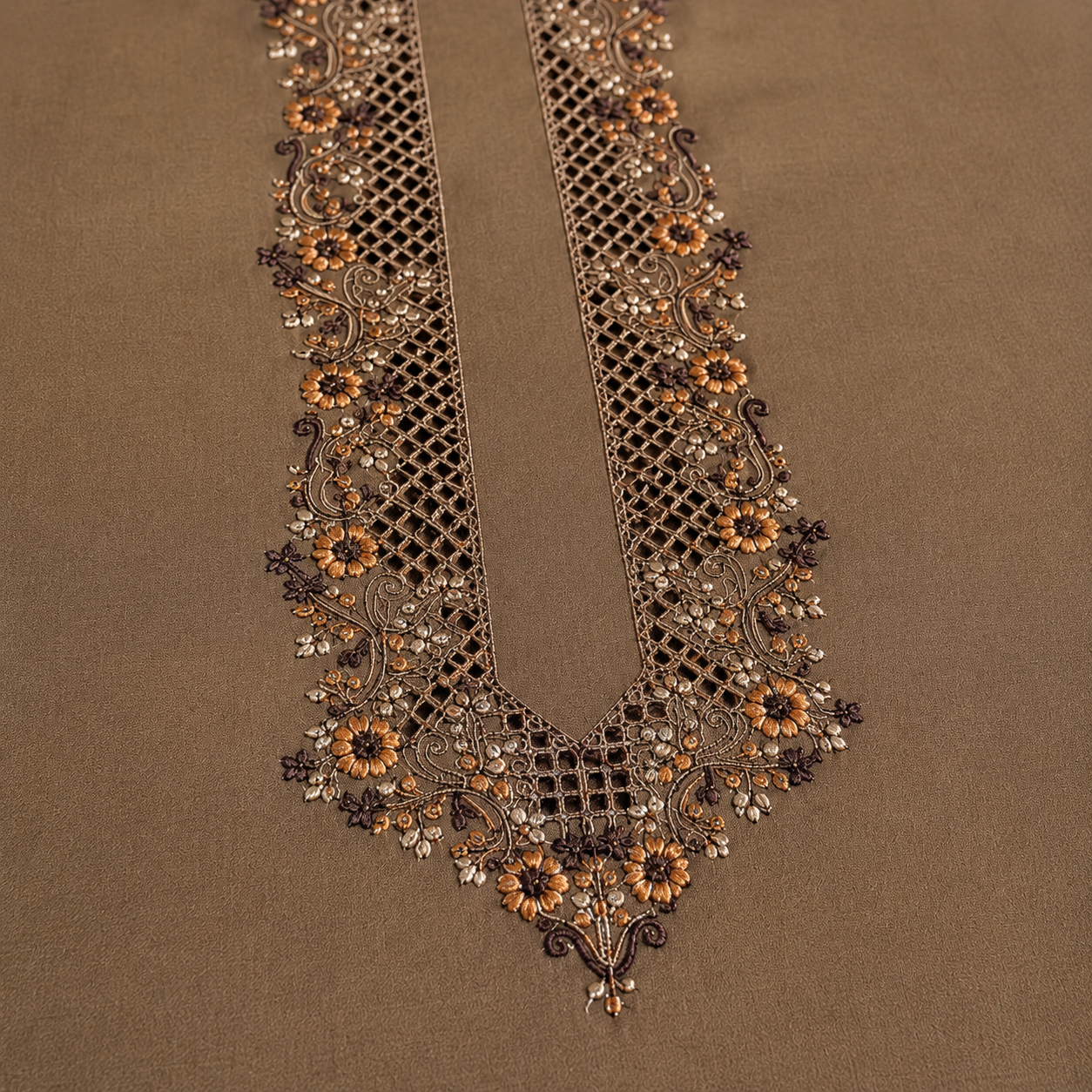 UNSTITCHED - Pure Cotton Coffee Brown Kashmiri Embroidered Unstitched Kurta Pajama & Pathani Suit Fabric (FKH-CTKU09)