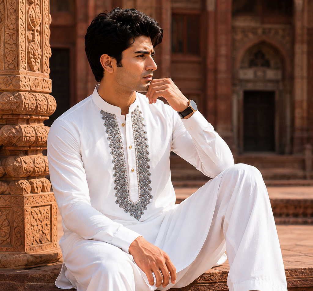 STITCHED - White Pure Cotton Kurta Shalwar with Silver Grey Kashmiri Embroidery (FKH-CTK06)