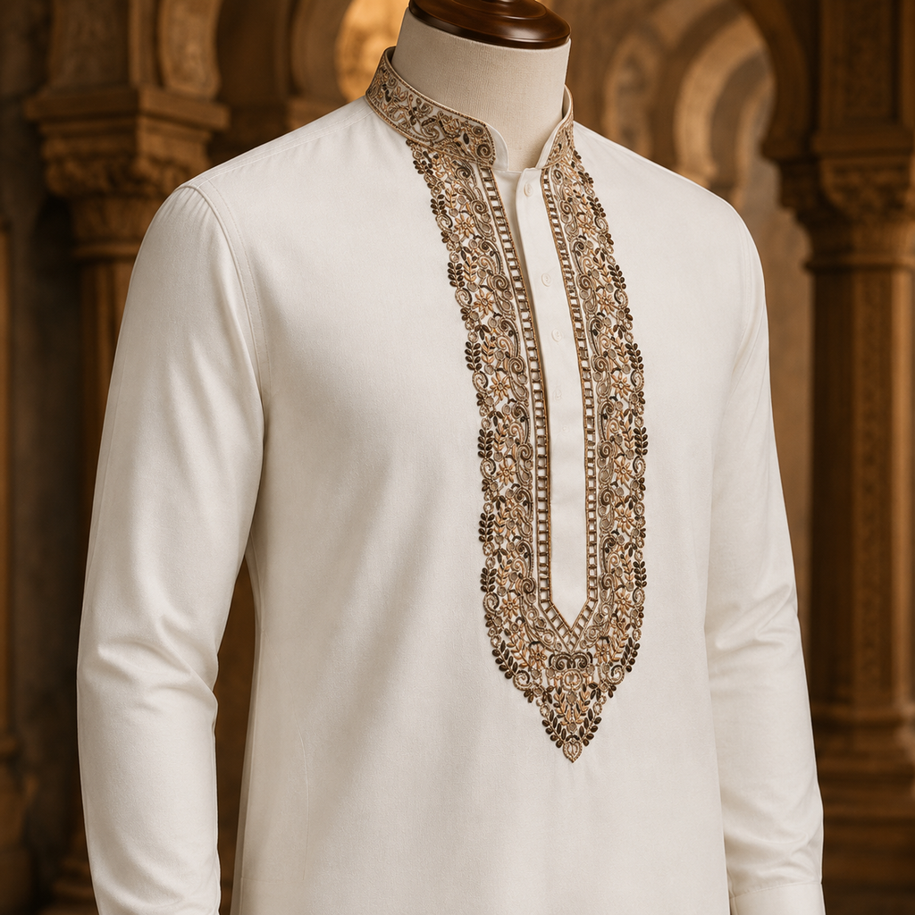 Pure Cotton White Kashmiri Embroidered Unstitched Kurta Pajama & Pathani Suit Fabric (FKH-CTKU17)