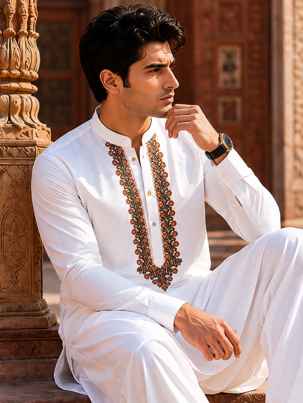 STITCHED - White Pure Cotton Kashmiri Embroidered Kurta Shalwar with Rust Orange & Black Embroidery (FKH-CTK09)
