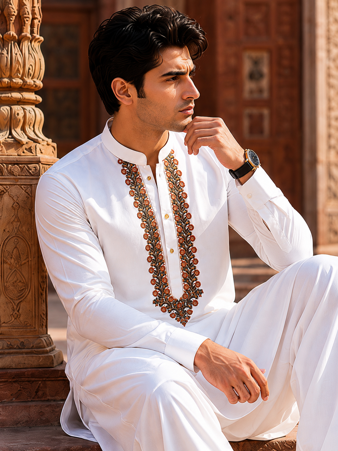 STITCHED - White Pure Cotton Kashmiri Embroidered Kurta Shalwar with Rust Orange & Black Embroidery (FKH-CTK09)