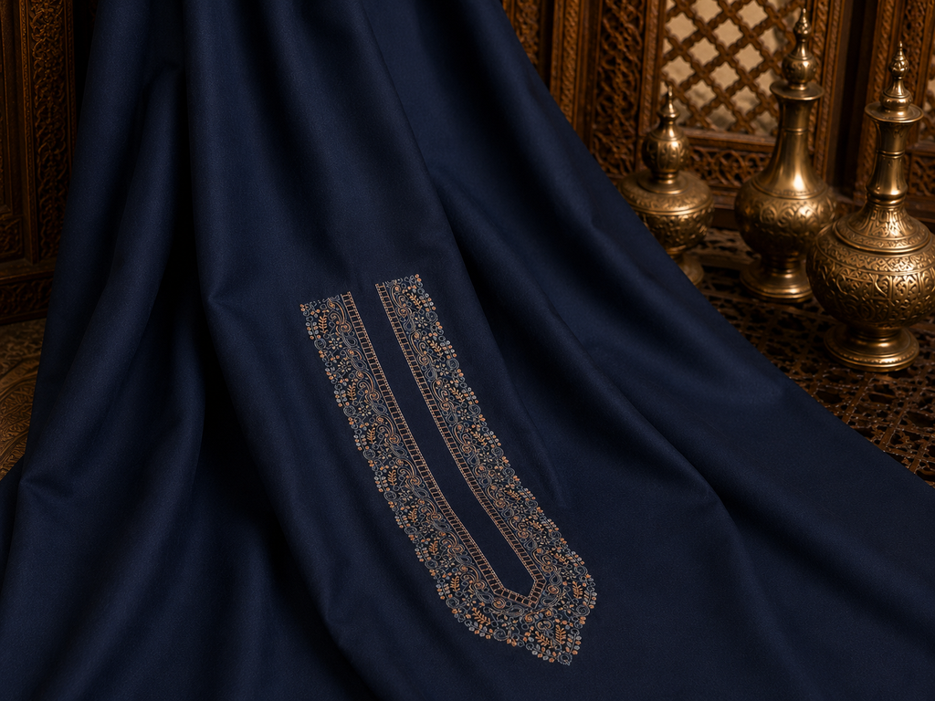 UNSTITCHED - Pure Cotton Navy Blue Kashmiri Embroidered Unstitched Kurta Pajama & Pathani Suit Fabric (FKH-CTKU13)