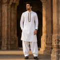 STITCHED - White Pure Cotton Kashmiri Embroidered Kurta Shalwar with Brown & Beige Embroidery (FKH-CTK13)