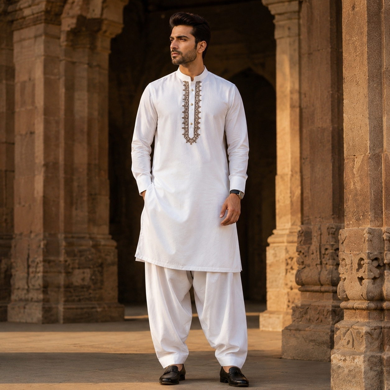 STITCHED - White Pure Cotton Kashmiri Embroidered Kurta Shalwar with Brown & Beige Embroidery (FKH-CTK13)