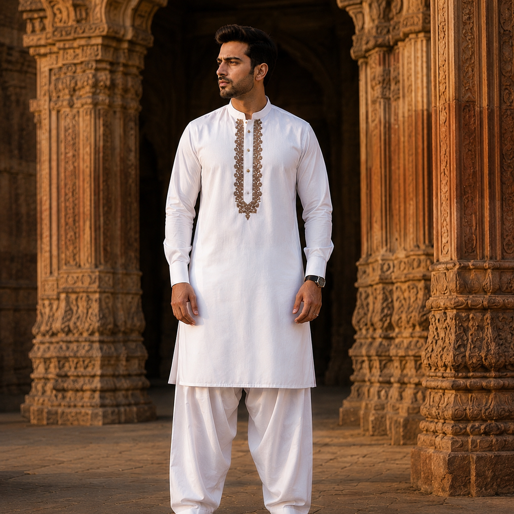 STITCHED - White Pure Cotton Kurta Shalwar with Sandstone Beige Kashmiri Embroidery (FKH-CTK04)