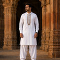 STITCHED - White Pure Cotton Kurta Shalwar with Sandstone Beige Kashmiri Embroidery (FKH-CTK04)