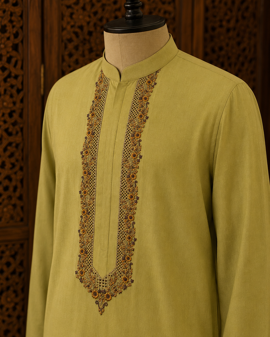UNSTITCHED - Pure Cotton Pastel Olive Green Kashmiri Embroidered Unstitched Kurta Pajama & Pathani Suit Fabric (FKH-CTKU04)