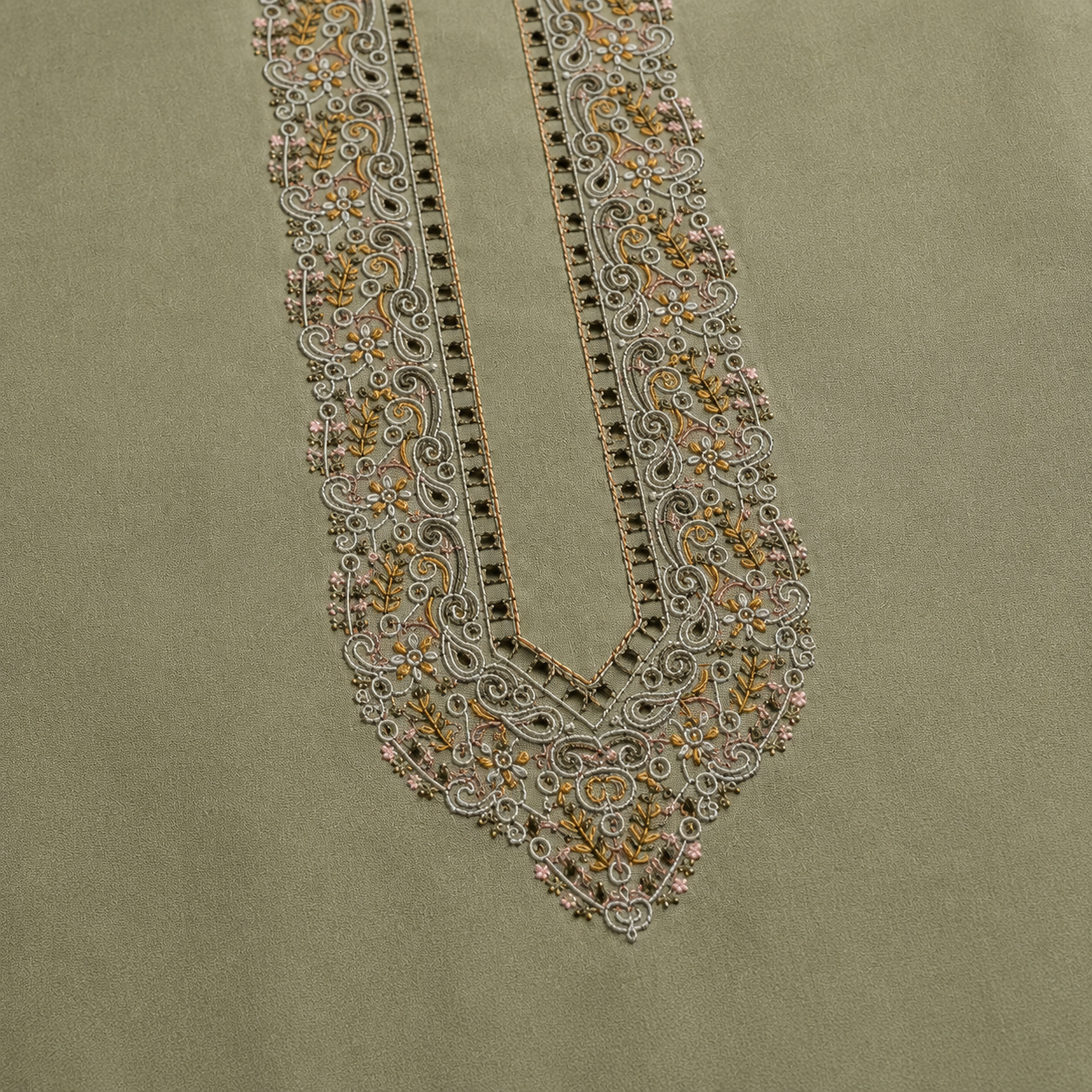 UNSTITCHED - Pure Cotton Sage Green Kashmiri Embroidered Unstitched Kurta Pajama & Pathani Suit Fabric (FKH-CTKU12)