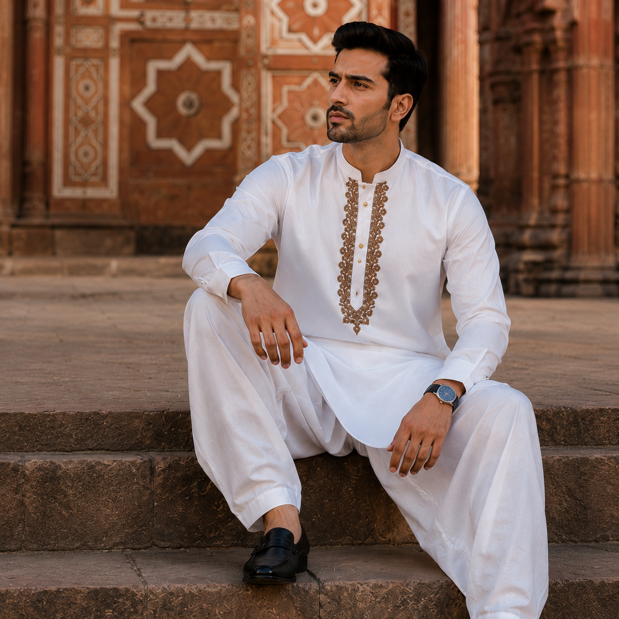 STITCHED - White Pure Cotton Kurta Shalwar with Sandstone Beige Kashmiri Embroidery (FKH-CTK04)