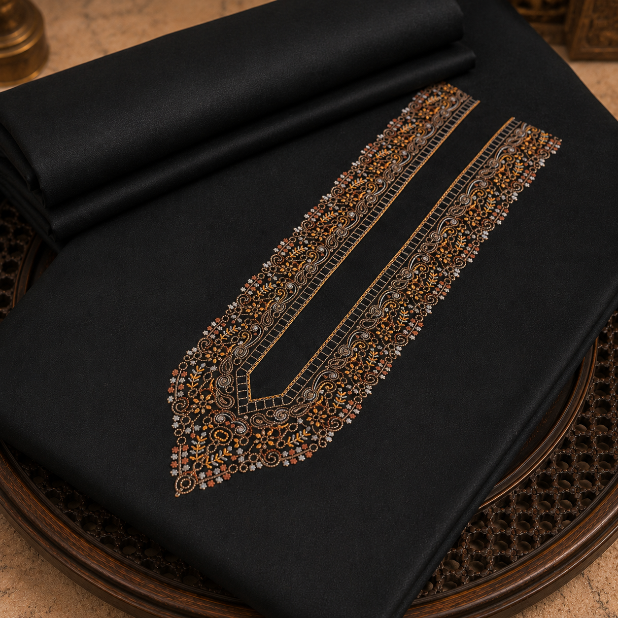 Pure Cotton Black  Kashmiri Embroidered Unstitched Kurta Pajama & Pathani Suit Fabric (FKH-CTKU18)