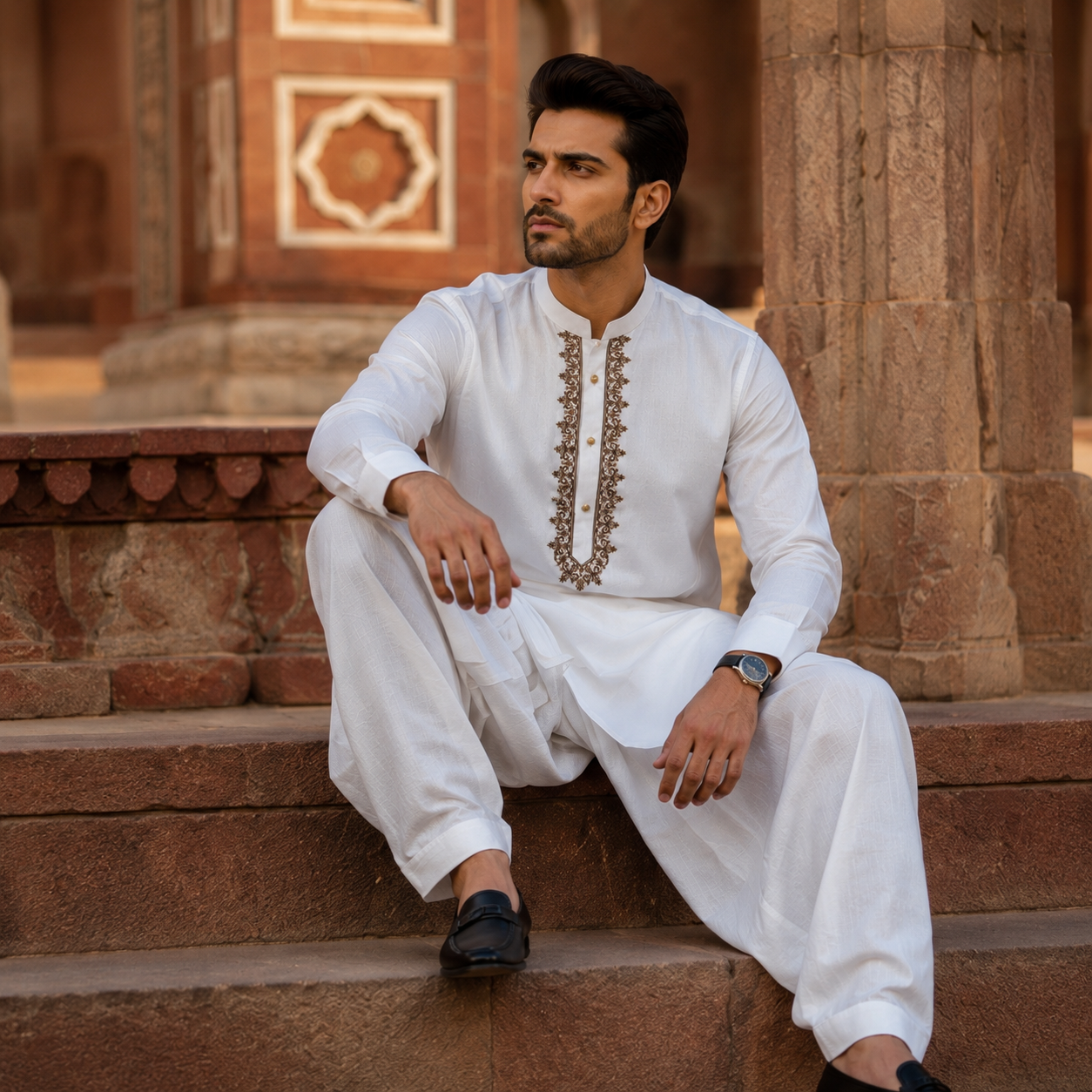 STITCHED - White Pure Cotton Kashmiri Embroidered Kurta Shalwar with Brown & Beige Embroidery (FKH-CTK13)