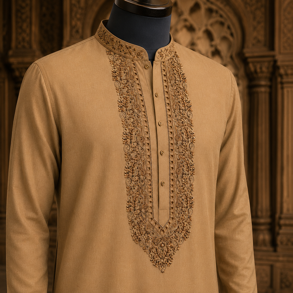 UNSTITCHED - Pure Cotton Light Saffron Kashmiri Embroidered Unstitched Kurta Pajama & Pathani Suit Fabric (FKH-CTKU14)