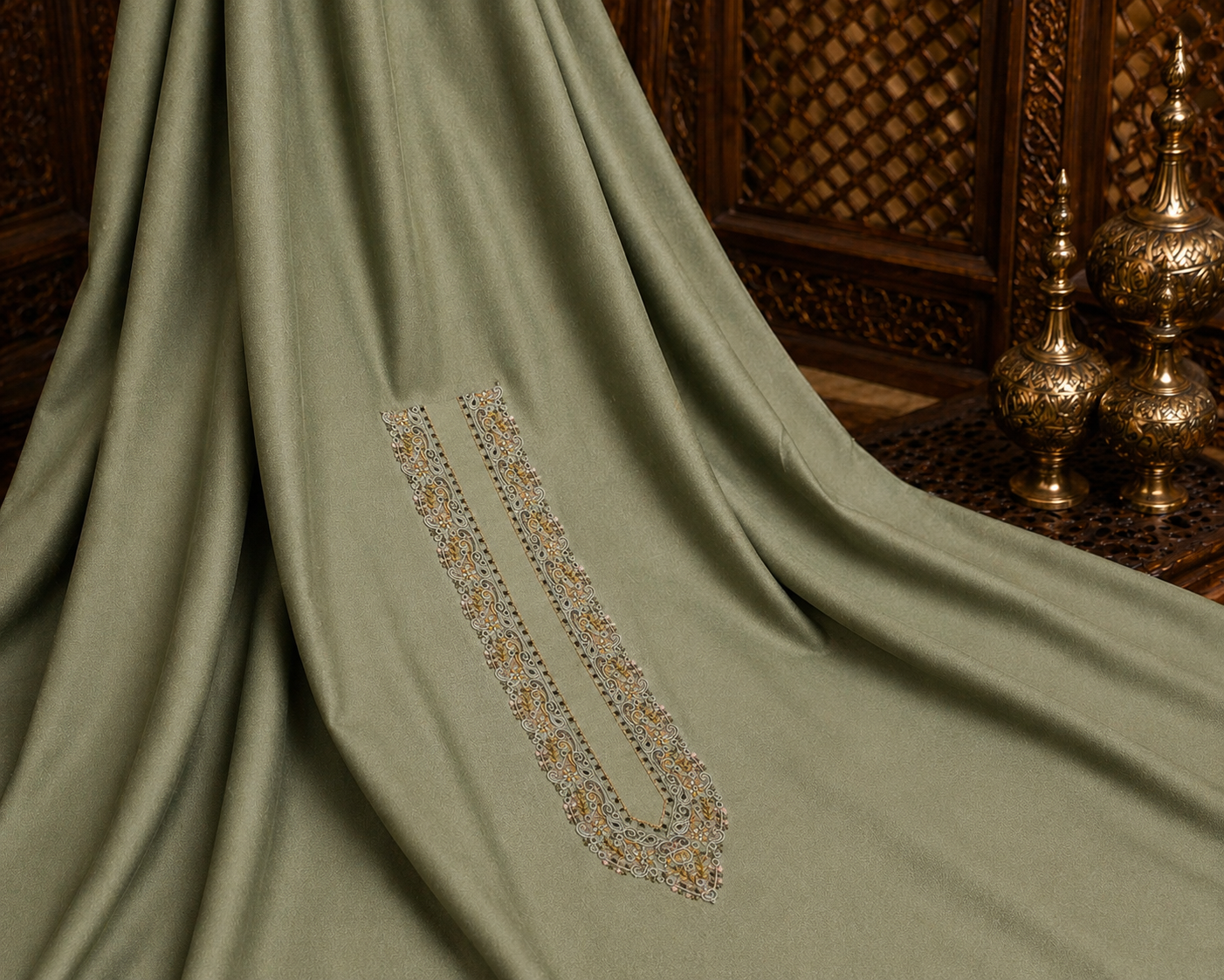 UNSTITCHED - Pure Cotton Sage Green Kashmiri Embroidered Unstitched Kurta Pajama & Pathani Suit Fabric (FKH-CTKU12)