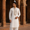 STITCHED - White Pure Cotton Kurta Shalwar with Champagne Gold Kashmiri Embroidery (FKH-CTK01)