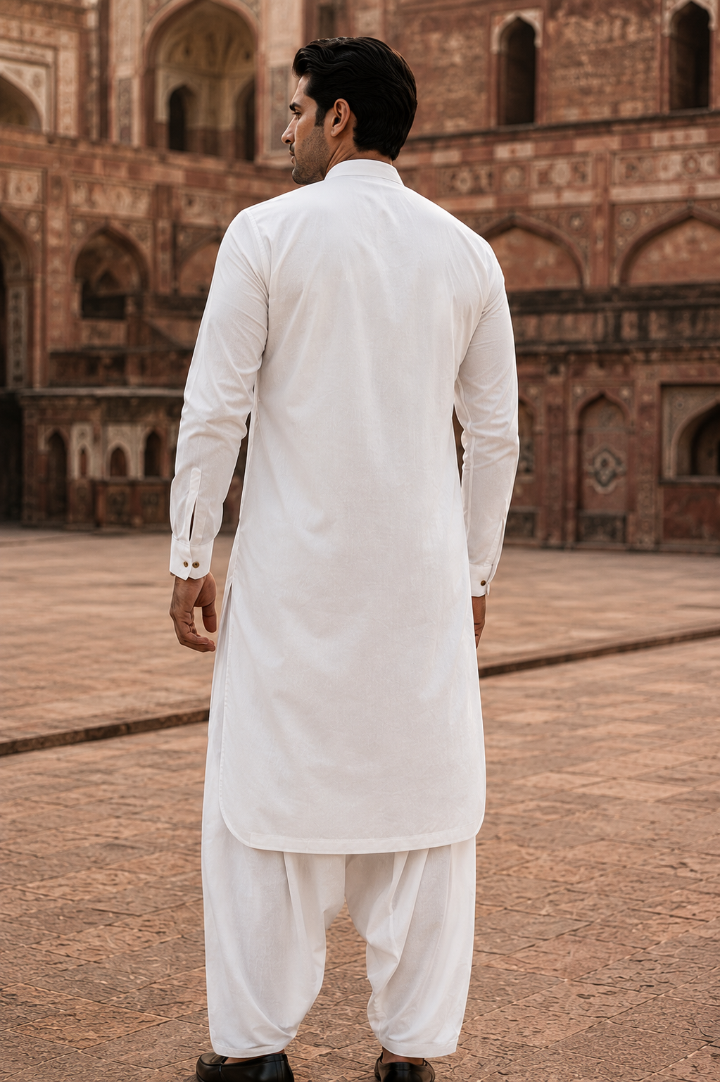 STITCHED - White Pure Cotton Kurta Shalwar with Sky Blue Kashmiri Embroidery (FKH-CTK02)