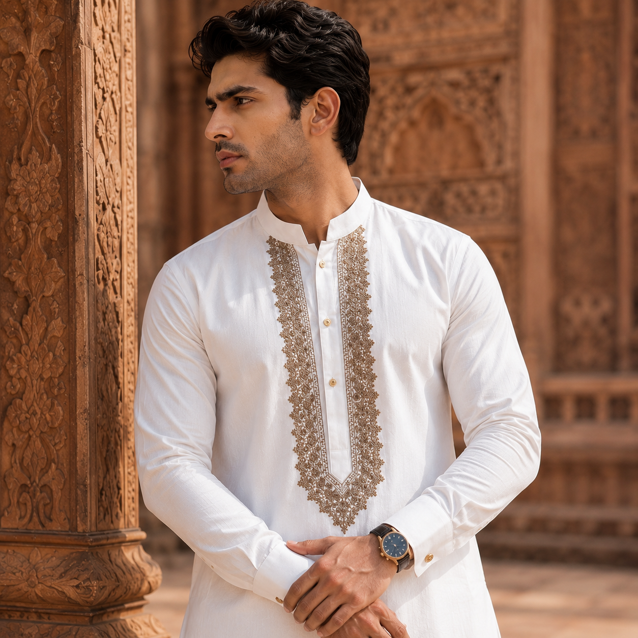 STITCHED - White Pure Cotton Kurta Shalwar with Taupe Beige Kashmiri Embroidery (FKH-CTK05)