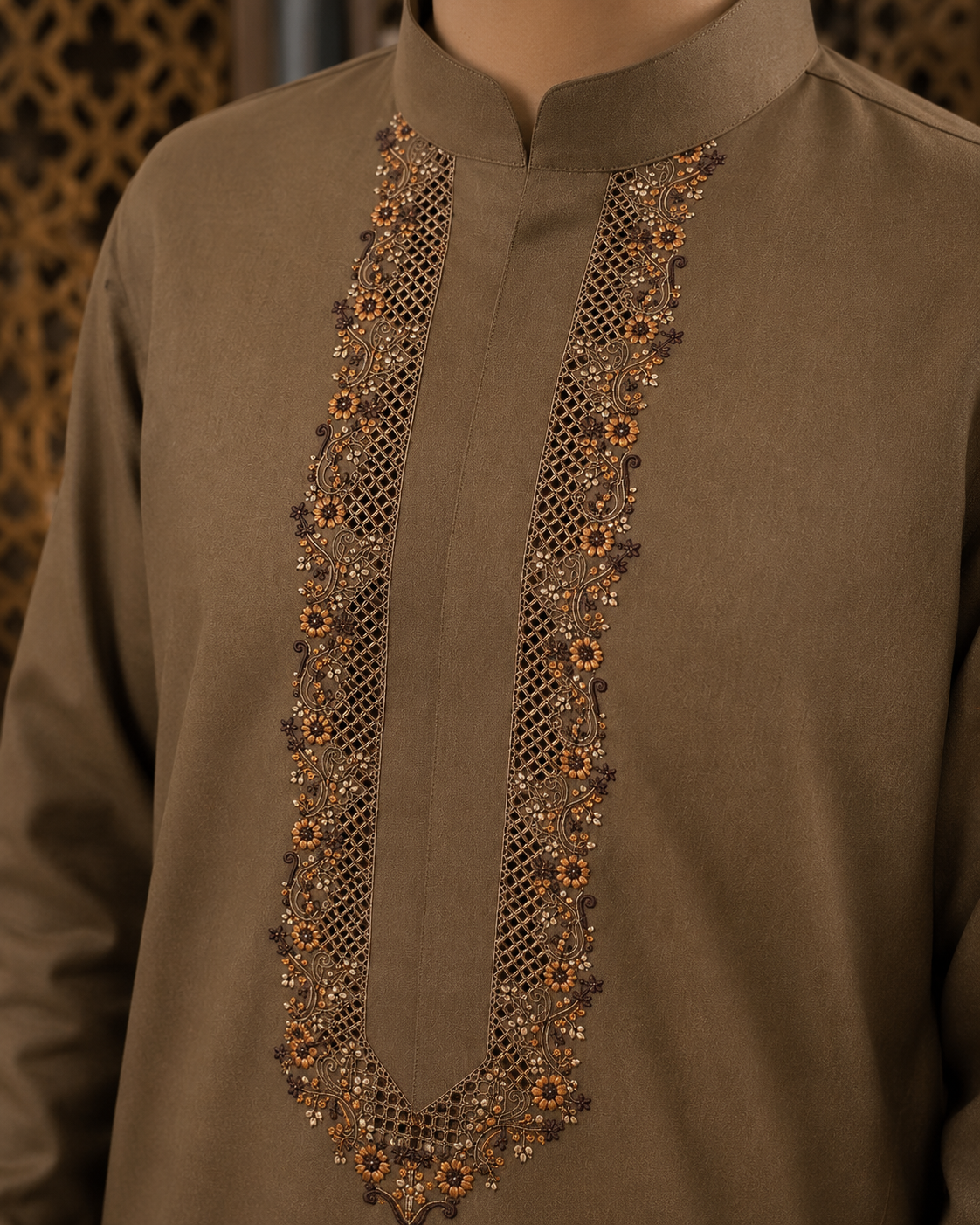 UNSTITCHED - Pure Cotton Coffee Brown Kashmiri Embroidered Unstitched Kurta Pajama & Pathani Suit Fabric (FKH-CTKU09)