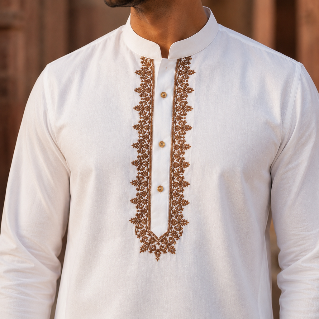STITCHED - White Pure Cotton Kashmiri Embroidered Kurta Shalwar with Brown Embroidery (FKH-CTK12)