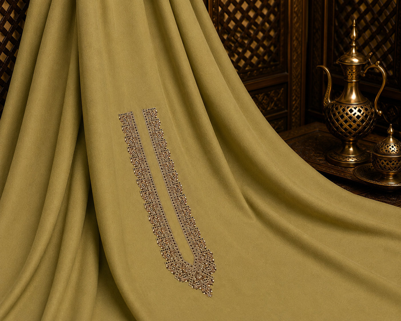 UNSTITCHED - Pure Cotton Pastel Olive  Kashmiri Embroidered Unstitched Kurta Pajama & Pathani Suit Fabric (FKH-CTKU10)