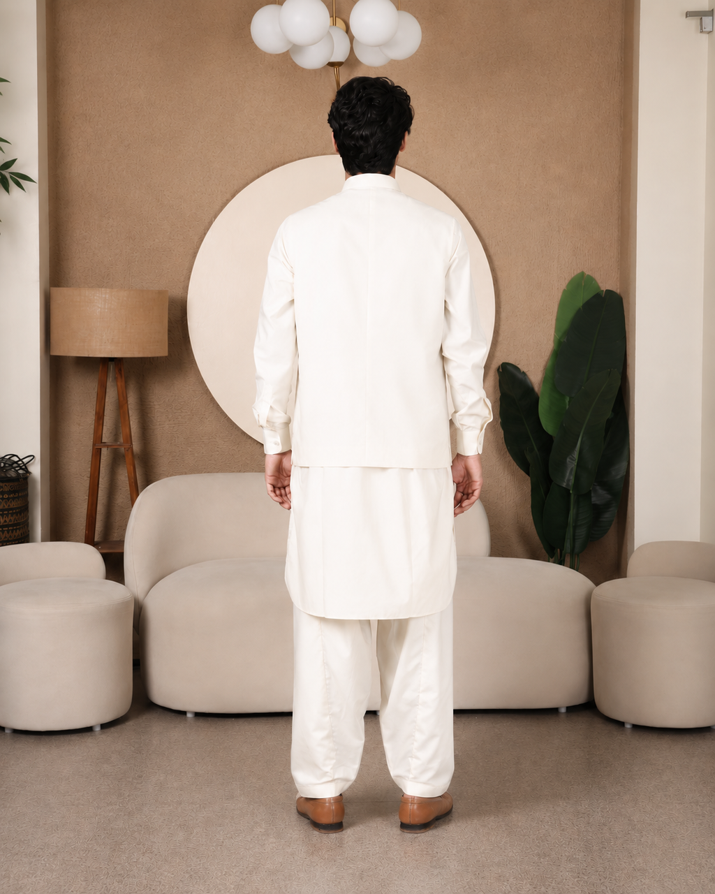 3PC PATHANI SET+WAIST COAT : OFF-WHITE