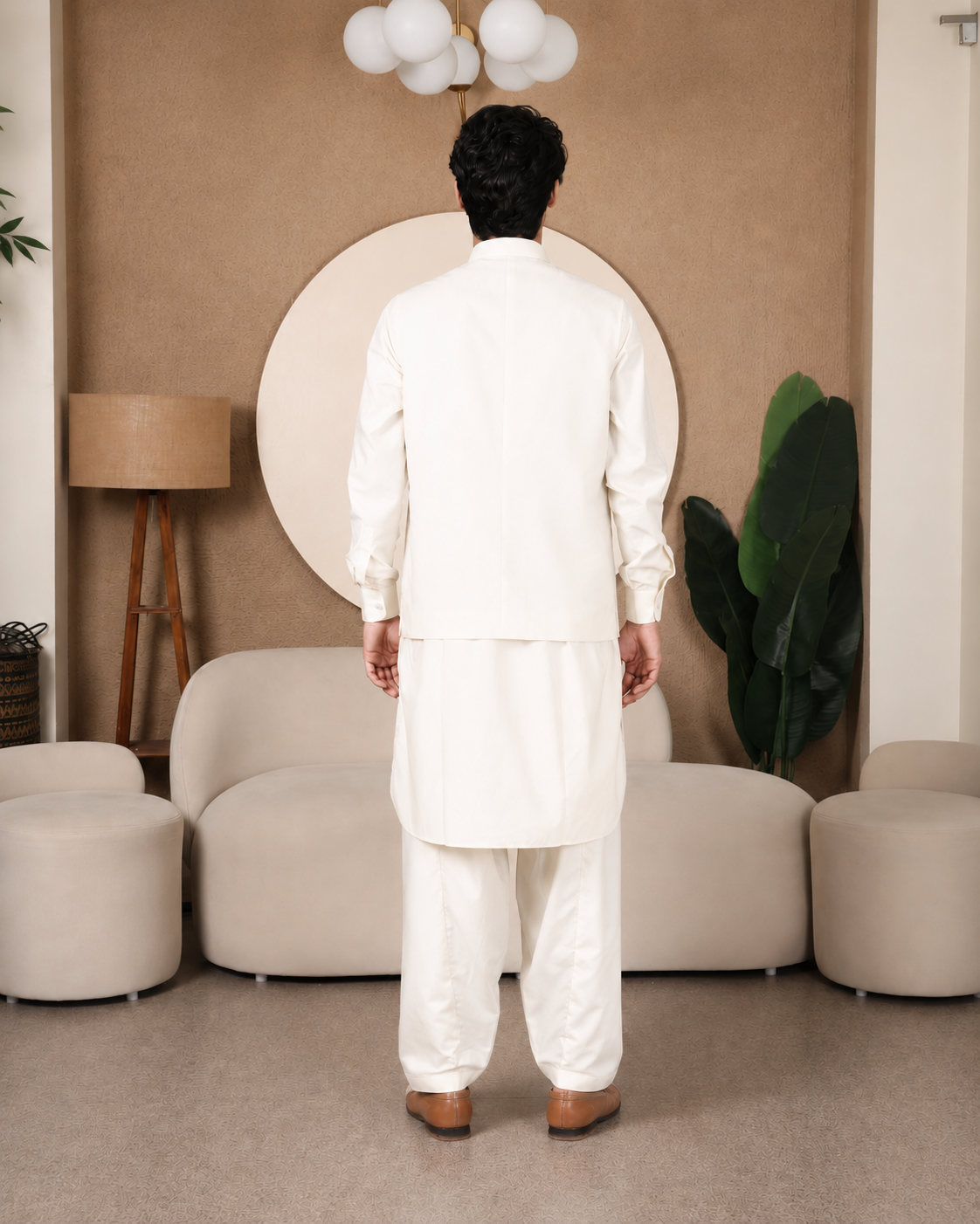 3PC PATHANI SET+WAIST COAT : OFF-WHITE