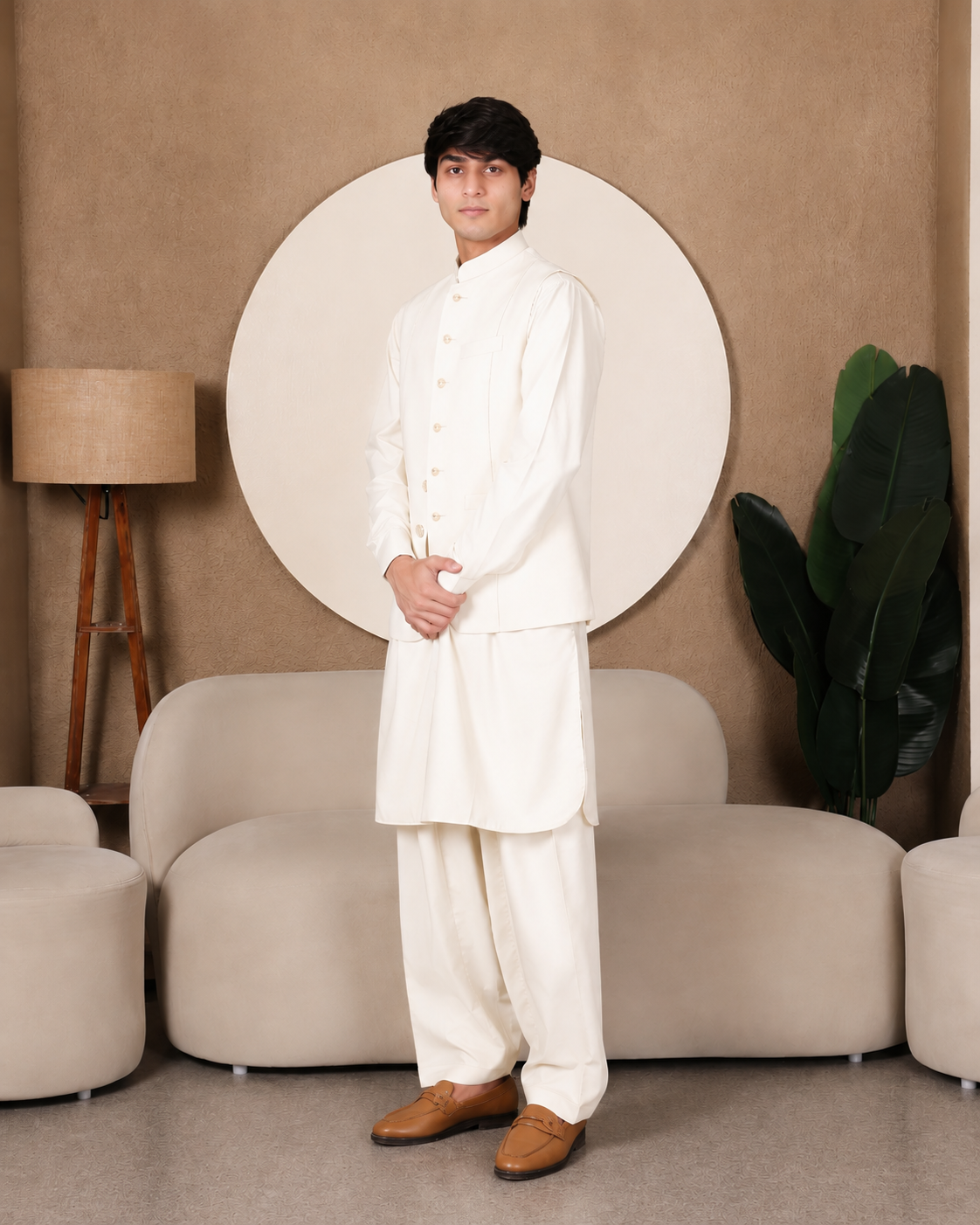 3PC PATHANI SET+WAIST COAT : OFF-WHITE
