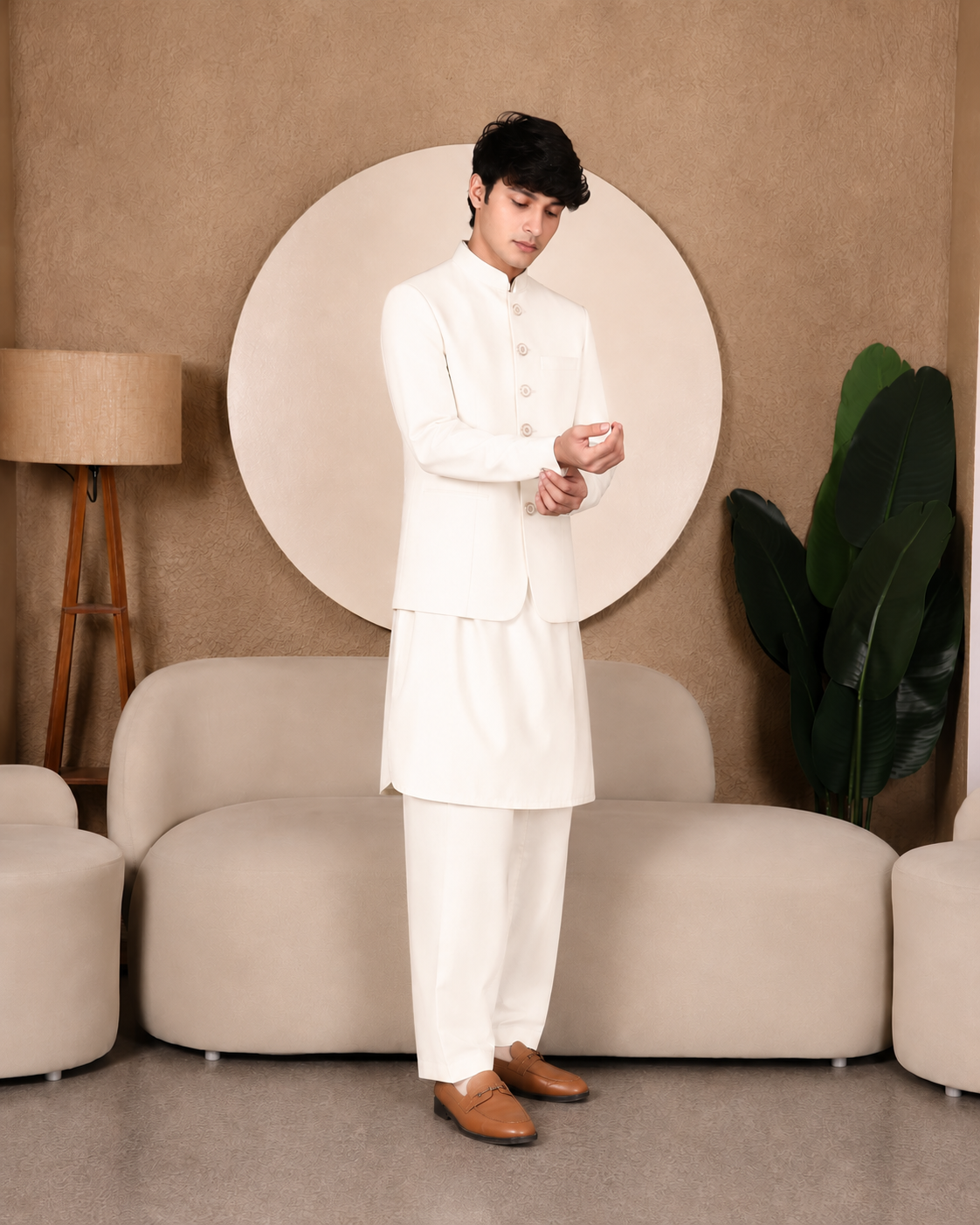 3PC PATHANI SET+WAIST COAT : OFF-WHITE