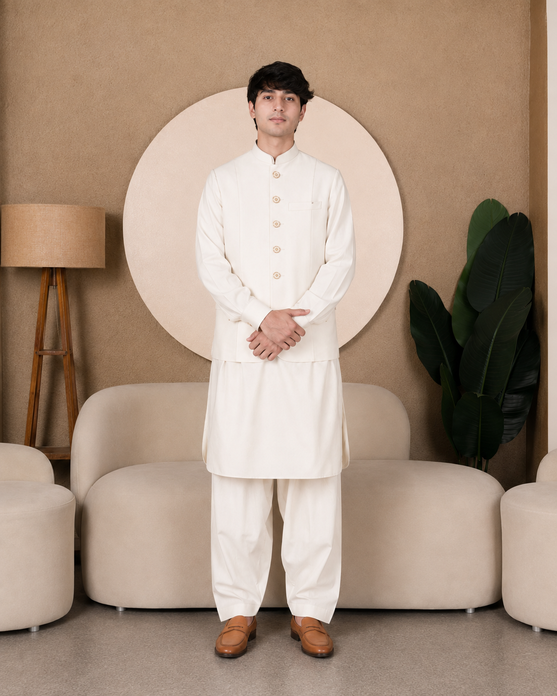 3PC PATHANI SET+WAIST COAT : OFF-WHITE