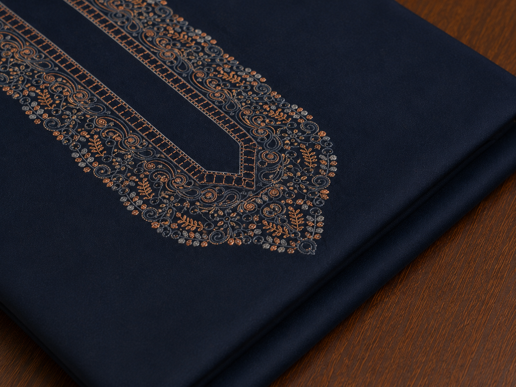 UNSTITCHED - Pure Cotton Navy Blue Kashmiri Embroidered Unstitched Kurta Pajama & Pathani Suit Fabric (FKH-CTKU13)