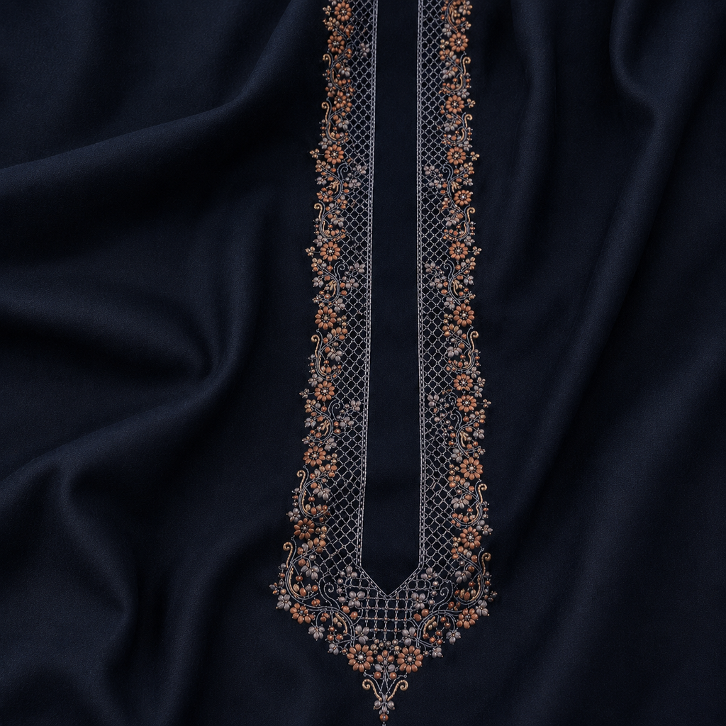 UNSTITCHED - Pure Cotton Midnight Navy Blue Kashmiri Embroidered Unstitched Kurta Pajama & Pathani Suit Fabric (FKH-CTKU07)