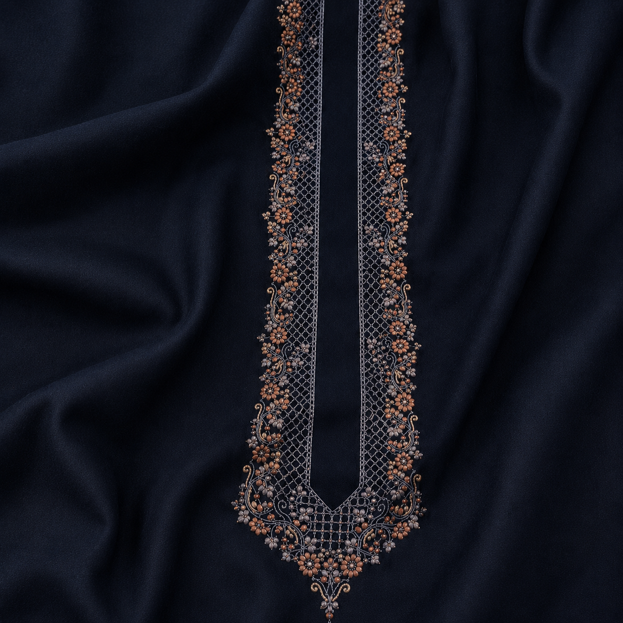 UNSTITCHED - Pure Cotton Midnight Navy Blue Kashmiri Embroidered Unstitched Kurta Pajama & Pathani Suit Fabric (FKH-CTKU07)