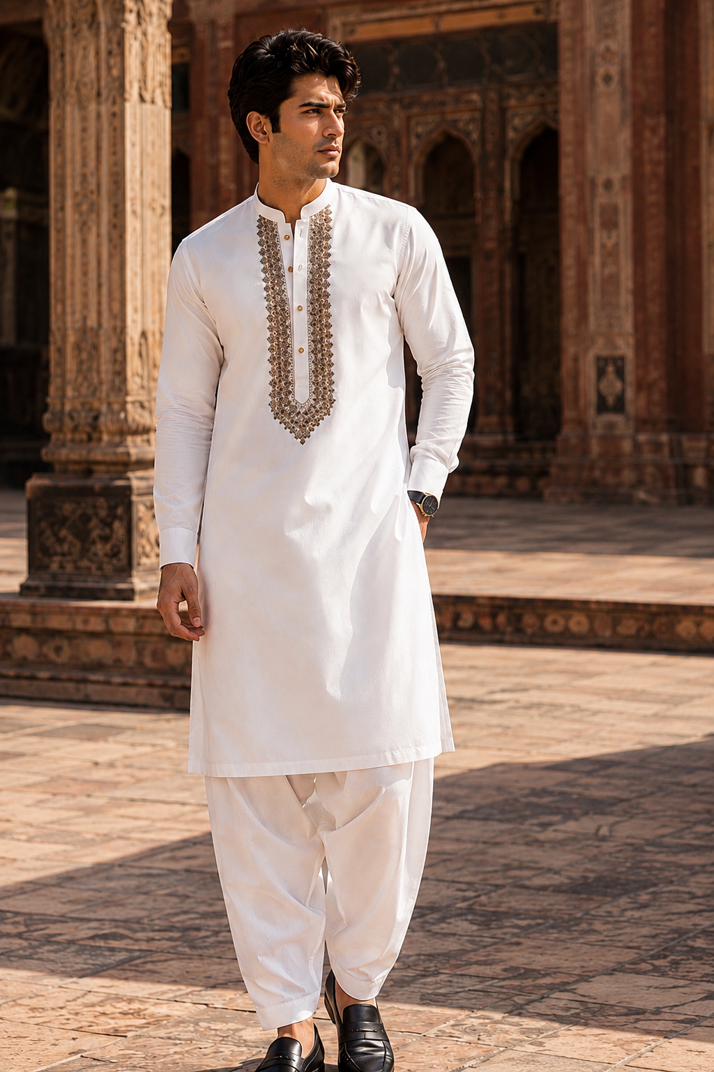 STITCHED - White Pure Cotton Kashmiri Embroidered Kurta Shalwar with Champagne Gold Embroidery (FKH-CTK08)