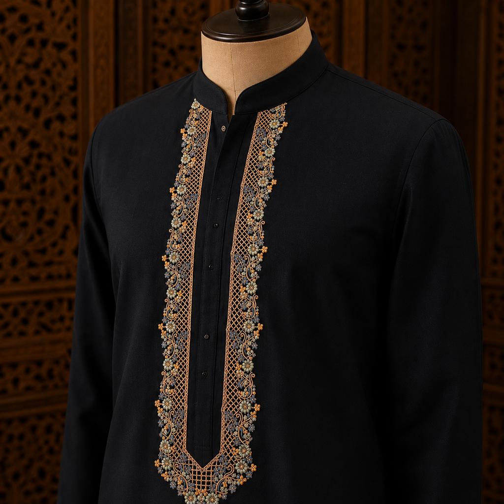 UNSTITCHED  - Pure Cotton Black Kashmiri Embroidered Unstitched Kurta Pajama & Pathani Suit Fabric (FKH-CTKU02)