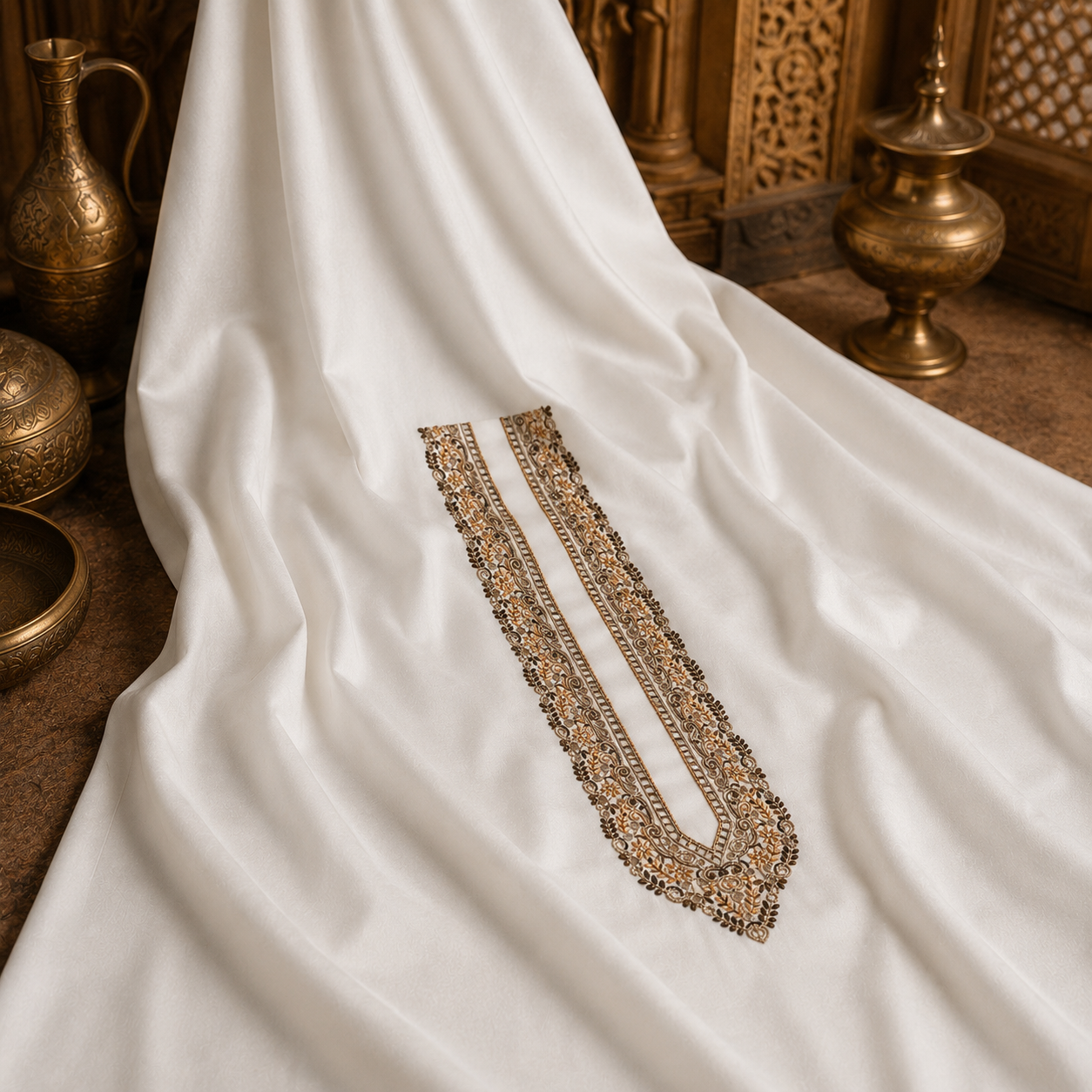 Pure Cotton White Kashmiri Embroidered Unstitched Kurta Pajama & Pathani Suit Fabric (FKH-CTKU17)