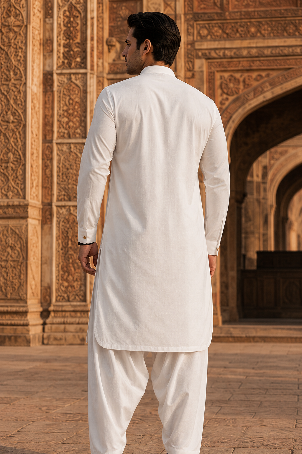 STITCHED - White Pure Cotton Kurta Shalwar with Ice Blue Kashmiri Embroidery (FKH-CTK03)