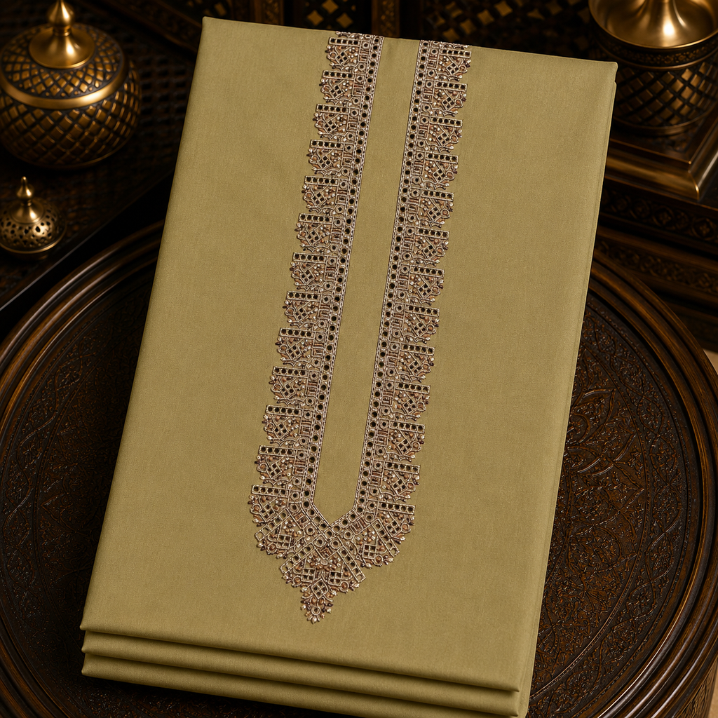 UNSTITCHED - Pure Cotton Pastel Olive  Kashmiri Embroidered Unstitched Kurta Pajama & Pathani Suit Fabric (FKH-CTKU10)