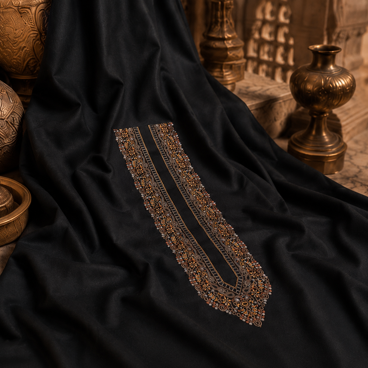 Pure Cotton Black  Kashmiri Embroidered Unstitched Kurta Pajama & Pathani Suit Fabric (FKH-CTKU18)