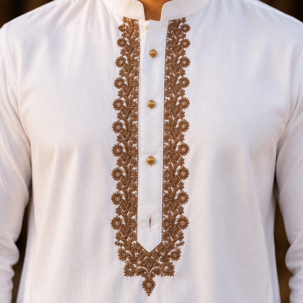 STITCHED - White Pure Cotton Kurta Shalwar with Sandstone Beige Kashmiri Embroidery (FKH-CTK04)