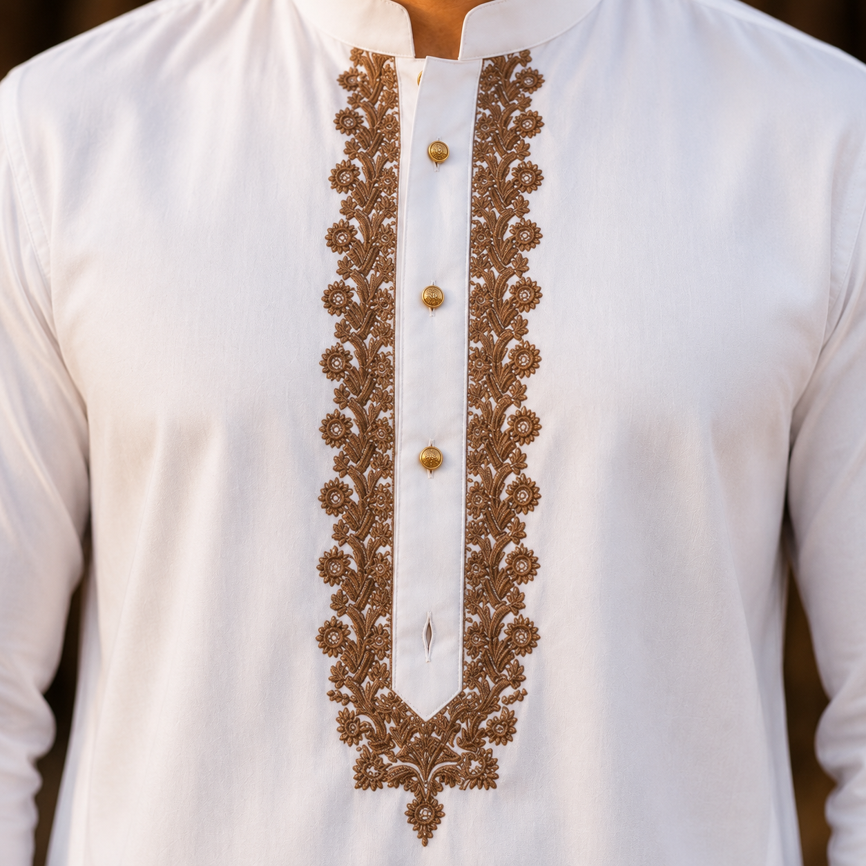 STITCHED - White Pure Cotton Kurta Shalwar with Sandstone Beige Kashmiri Embroidery (FKH-CTK04)