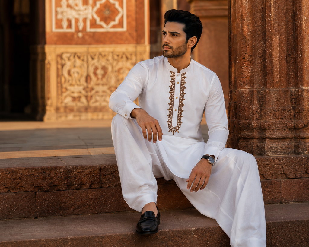 STITCHED - White Pure Cotton Kashmiri Embroidered Kurta Shalwar with Copper Brown Embroidery (FKH-CTK11)