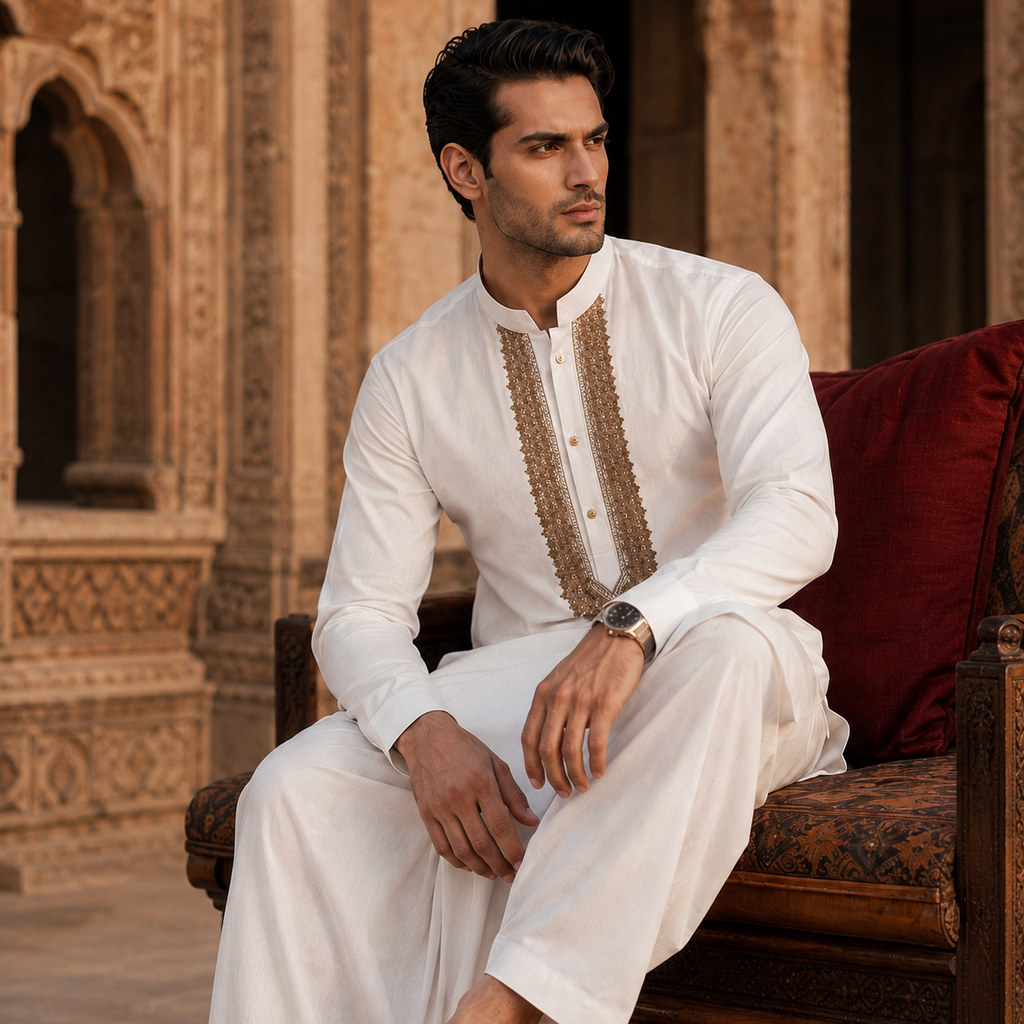 STITCHED - White Pure Cotton Kurta Shalwar with Taupe Beige Kashmiri Embroidery (FKH-CTK05)