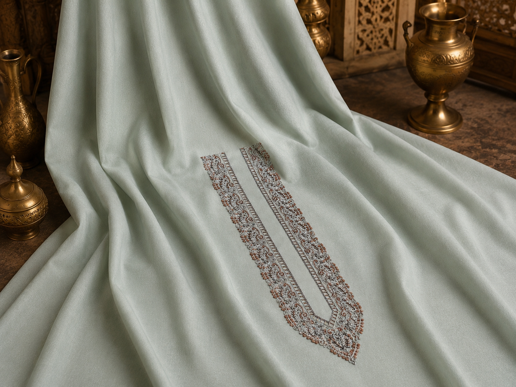 Pure Cotton Mint Green Kashmiri Embroidered Unstitched Kurta Pajama & Pathani Suit Fabric (FKH-CTKU16)