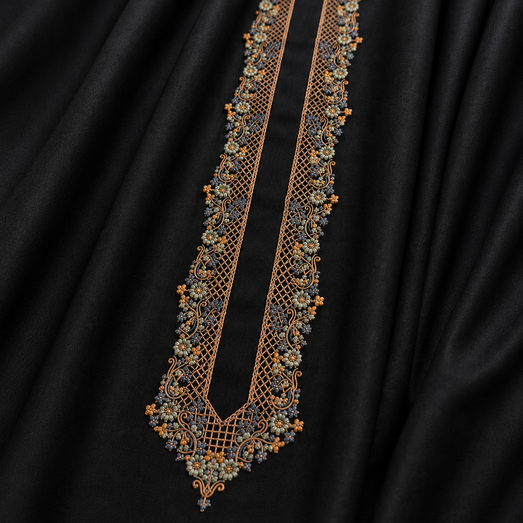 UNSTITCHED  - Pure Cotton Black Kashmiri Embroidered Unstitched Kurta Pajama & Pathani Suit Fabric (FKH-CTKU02)