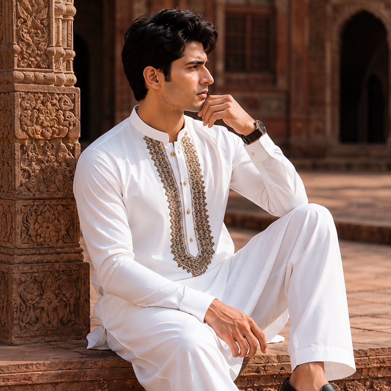 STITCHED - White Pure Cotton Kurta Shalwar with Antique Gold Kashmiri Embroidery (FKH-CTK07)